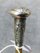 A LATE 19th.C.ORIENTAL RHINO HORN AND SILVER MOUNTED SWAGGER STICK, THE MOUNT WITH EMBOSSED