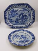 A CHINESE EXPORT BLUE AND WHITE OCTAGONAL PLATTER WITH LANDSCAPE DECORATION. W.41cms TOGETHER WITH A