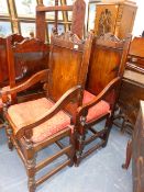 A SET OF EIGHT SOLID YEW WOOD 17th.C.STYLE DINING CHAIRS WITH PANEL SEATS AND BACKS.