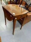 A SMALL 19th.C.MAHOGANY AND SATINWOOD BANDED PEMBROKE TABLE ON SQUARE TAPERED LEGS. TOP 88 x 59cms