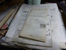 A GROUP OF 19th.C.VELLUM INDENTURES AND AGREEMENTS, VARIOUS SHARE CERTIFICATES, EARLY NEWSPAPERS AND