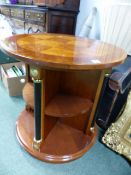 A BESPOKE INLAID AND BRASS MOUNTED REVOLVING PEDESTAL BOOKCASE. Dia. 67cms.