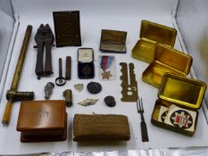 THREE PRINCESS MARY GIFT TINS, KERRS PATENT MUZZLE PROTECTOR, 1944 WIRE CUTTERS AND OTHER VARIOUS