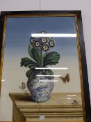 HUGH ROBSON. 20th.C.. A PAIR OF ARICULA WITH BUTTERFLIES STILL LIFE SIGNED WATERCOLOURS IN BESPOKE