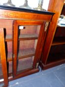 A VICTORIAN MAHOGANY AND BOXWOOD INLAID GLAZED DOOR BOOKCASE WITH GILT BRASS MOUNTS. W.91 x H.97 x