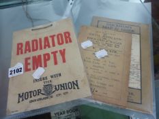 A RARE MOTOR UNION INSURANCE RADIATOR EMPTY SERVICE WORKSHOP TAG TOGETHER WITH TWO VINTAGE ROAD MAPS