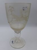 A LARGE GLASS GOBLET DECORATED WITH ACID ETCHED SCENE OF A HUNTSMAN ON HORSEBACK AWAY WITH THE