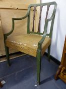 A 19th.C.OPEN ARMCHAIR WITH PAINT DECORATED FRAME. W.57cms.