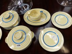 A CLARICE CLIFFE ART DECO STYLE PART DINNER SERVICE DECORATED WITH BLUE AND GOLD BANDS, TO INCLUDE