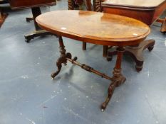 A VICTORIAN WALNUT AND BOXWOOD INLAID OVAL CENTRE TABLE ON CARVED COLUMN AND CABRIOLE LEG