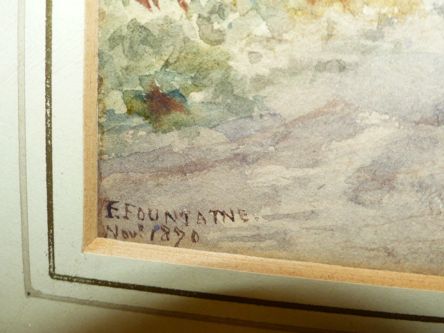 F.FOUNTAIN (19th.C.) A WATERCOLOUR MOUNTAIN LANDSCAPE WITH FIGURES AND FORTRESS, SIGNED AND DATED - Image 4 of 12