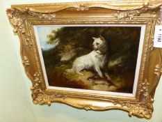 MANNER OF GEORGE ARMFIELD. ROUGH COATED TERRIER WITH A RABBIT, BEARS SIGNATURE, OIL ON CANVAS. 29