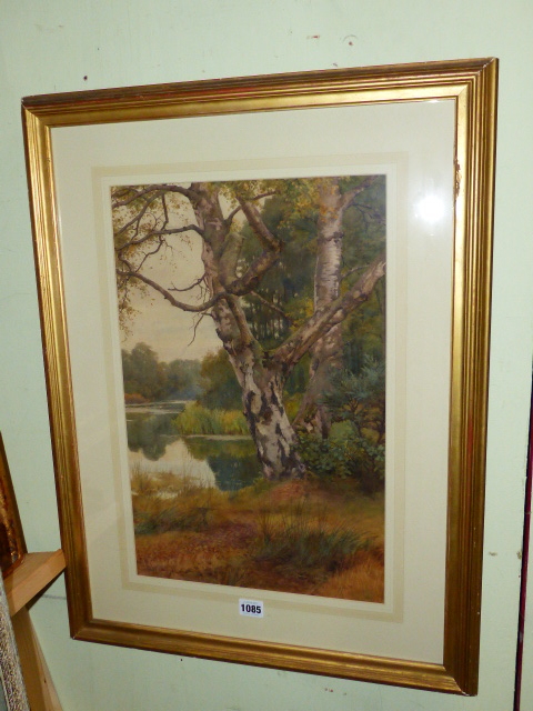 CHARLES EDWARD WILSON (1854-1941) SILVER BIRCH BY A WOODED RIVER, SIGNED, WATERCOLOUR. 48.5 x - Image 2 of 3
