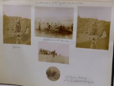A GOOD EARLY 20th.C.PHOTOGRAPH ALBUM CONTAINING MANY IMAGES OF GOLFING, HORSES AND HUNTING.