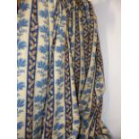 TWO PAIRS OF BESPOKE BLUE AND CREAM LEAF STRIPE PATTERN LINED AND INTERLINED DRAPES/CURTAINS WITH