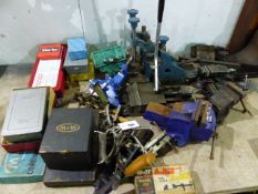 THREE MOORE & WRIGHT TOOLS, VARIOUS DRILL BITS, VICES AND OTHER TOOLS. (QTY)