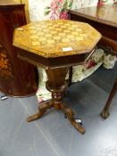 A VICTORIAN OCTAGONAL TOPPED CHECQUER INLAID TRUMPET WORK TABLE. W.45 x H.75cms.