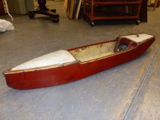 A SCRATCH BUILT MODEL BOAT WITH PAINTED WOODEN HULL AND ALLOY DECK.