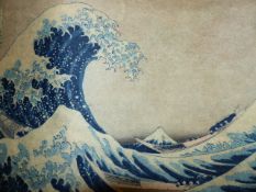 AFTER HOKUSAI. BLUE WAVE, A JAPANESE COLOUR WOODBLOCK PRINT. 25 x 36.5cms, UNFRAMED TOGETHER WITH