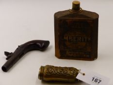 AN EMBOSSED THREE WAY COPPER POWDER FLASK, A CURTIS & HARVEY POWDER TIN AND A WORN POCKET PISTOL.