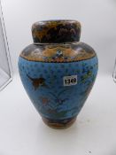 AN UNUSUAL LARGE JAPANESE POTTERY AND CLOISONNE COVERED BALUSTER FORM VASE WITH BIRD AND FLORAL