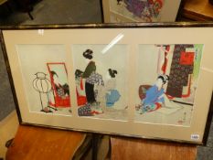 A TRIPTYCH OF THREE JAPANESE WOODBLOCK PRINTS OF BEAUTIES AFTER SHUNTEI FRAMED AS ONE AND ANOTHER