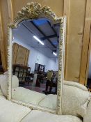 A FRENCH PAINTED LOUIS XVI STYLE FLORAL DECORATED PIER MIRROR WITH SHAPED BEVELLED PLATE. 154 x