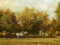 DION PEARS. (1929-1985) (ARR) RACEHORSES EXERCISING, SIGNED OIL ON CANVAS. 59 x 90cms.