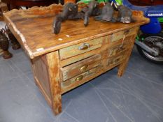 AN INTERESTING RUSTIC GALLERY BACK PREP TABLE WITH A SIX DRAWER BASE. W.132 x H.80cms.
