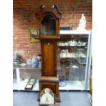 A 19th.C.OAK AND MAHOGANY CASED 8-DAY LONGCASE CLOCK WITH PAINTED 13"ARCH TOP DIAL, SIGNED