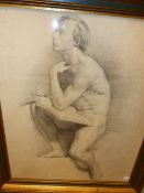 ATTRIB. WILLIAM LINNELL (1826-1906). TWO ACADEMIC MALE NUDES STUDIES IN CHARCOAL. 83 x 44cms AND