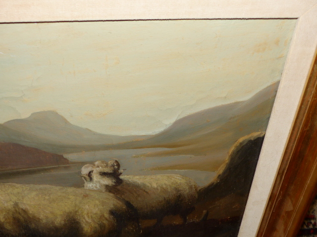 BRITISH NAIVE SCHOOL. SHEEPDOGS, SHEEP AND FIGURES IN A MOUNTAIN LANDSCAPE, OIL ON CANVAS. 48.5 x - Image 15 of 15