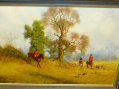 EDWARD FOSTER (20th.C.) (ARR) HUNTING SCENE, SIGNED AND DATED 1983, OIL ON CANVAS. 49.5 x 75cms.