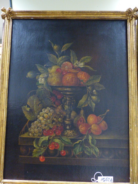 FLEMISH SCHOOL AFTER THE OLD MASTERS. A STILL LIFE OF FRUIT, OIL ON CANVAS. 80 x 60cms.