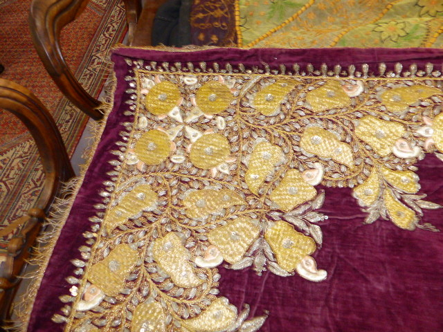 TWO EASTERN EMBROIDERED PANELS, ONE IN METAL THREAD ON A WINE RED GROUND. - Image 5 of 12