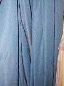 TWO PAIRS OF BESPOKE BLUE LINEN LINED AND INTERLINED DRAPES/CURTAINS WITH ASSOCIATED PELMETS.