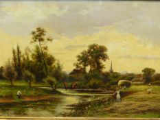 STYLE OF ERNEST WALBOURN. FISHERMEN AND HARVESTERS IN A RIVER LANDSCAPE, BEARS SIGNATURE, OIL ON