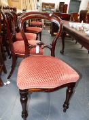 A GOOD SET OF EIGHT VICTORIAN STYLE MAHOGANY BALLOON BACK DINING CHAIRS WITH OVERSTUFFED SEATS.