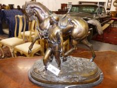 A LARGE AND IMPRESSIVE CAST BRONZE FIGURE OF A RACEHORSE WITH JOCKEY, BEARS SIGNATURE EDGAR