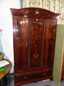 A GOOD QUALITY EDWARDIAN MAHOGANY AND INLAID SINGLE DOOR WARDROBE. W.129 x H.213cms.