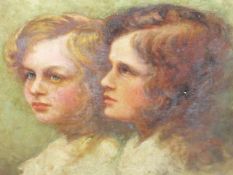 EARLY 20th.C.ENGLISH SCHOOL. PORTRAIT OF TWO GIRLS, OIL ON CANVAS. 46 x 61cms. UNFRAMED.