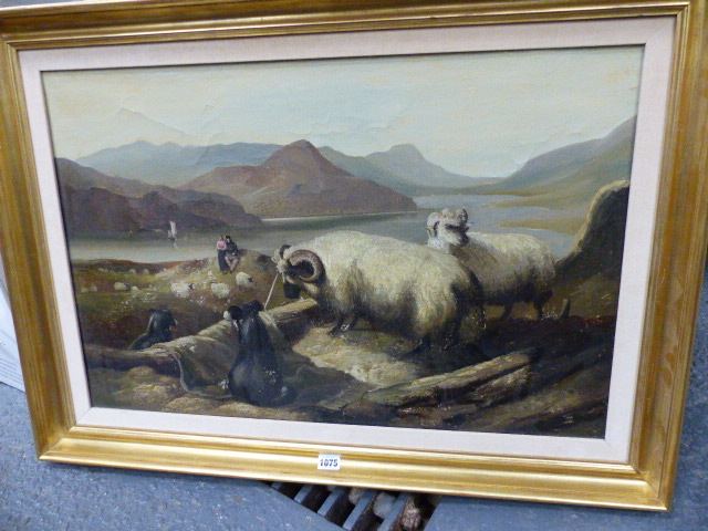 BRITISH NAIVE SCHOOL. SHEEPDOGS, SHEEP AND FIGURES IN A MOUNTAIN LANDSCAPE, OIL ON CANVAS. 48.5 x - Image 2 of 15