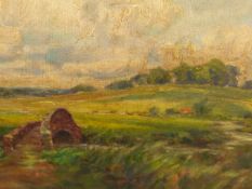 GRAHAM MAY (20th.C.) MEADOW AND CLOUDLAND, SIGNED OIL ON BOARD INSCRIBED VERSO. 34 x 49cms.