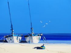 JOHN HORSEWELL (20th.C.) (ARR) BOATS AT LOW TIDE, SIGNED ACRYLIC ON CANVAS. 66.5 x 76.5cms.