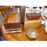 THREE VICTORIAN WORK BOXES, AN INLAID BOX AND A TRAY.