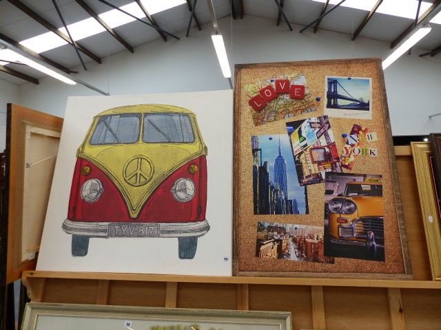 A PRINT ON CANVAS OF A VOLKSWAGON,ETC.