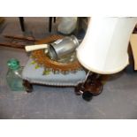 A VICTORIAN STOOL, FOLDING COAT HOOKS, A LAMP, MIRROR, PRINTS ETC.