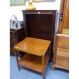 A SMALL BOOKCASE AND A TEA TROLLEY.