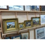 A GROUP OF FIVE GILT FRAMED PICTURES, CATTLE AND HORSES,ETC.