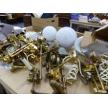 A LARGE COLLECTION OF BRASS WALL LIGHTS,ETC.